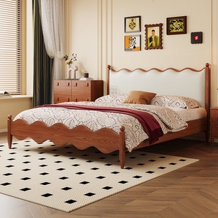 复古涟漪床储物床主卧大床婚床 中古风实木床白蜡木1米8双人床法式