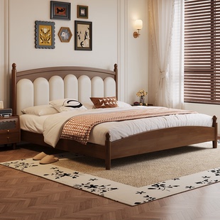 储物床卧室家用复古黑胡桃木软靠床中古风大床双人床 实木床法式
