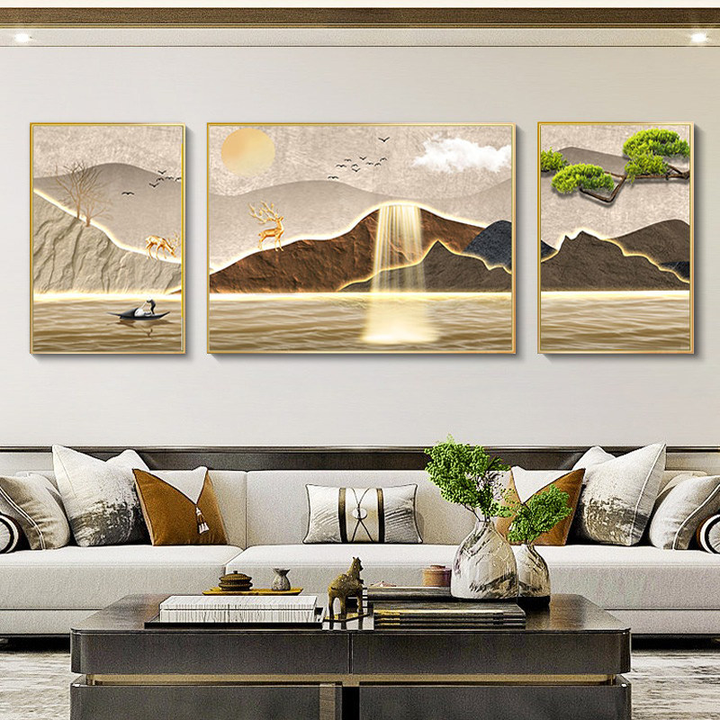 客厅装饰画现代简约背有靠山沙发背景墙挂画轻奢三联画抽象山水画