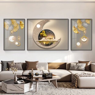 轻奢高端客厅装饰现代简约沙发背景墙挂画麋鹿高级感组合三联壁画