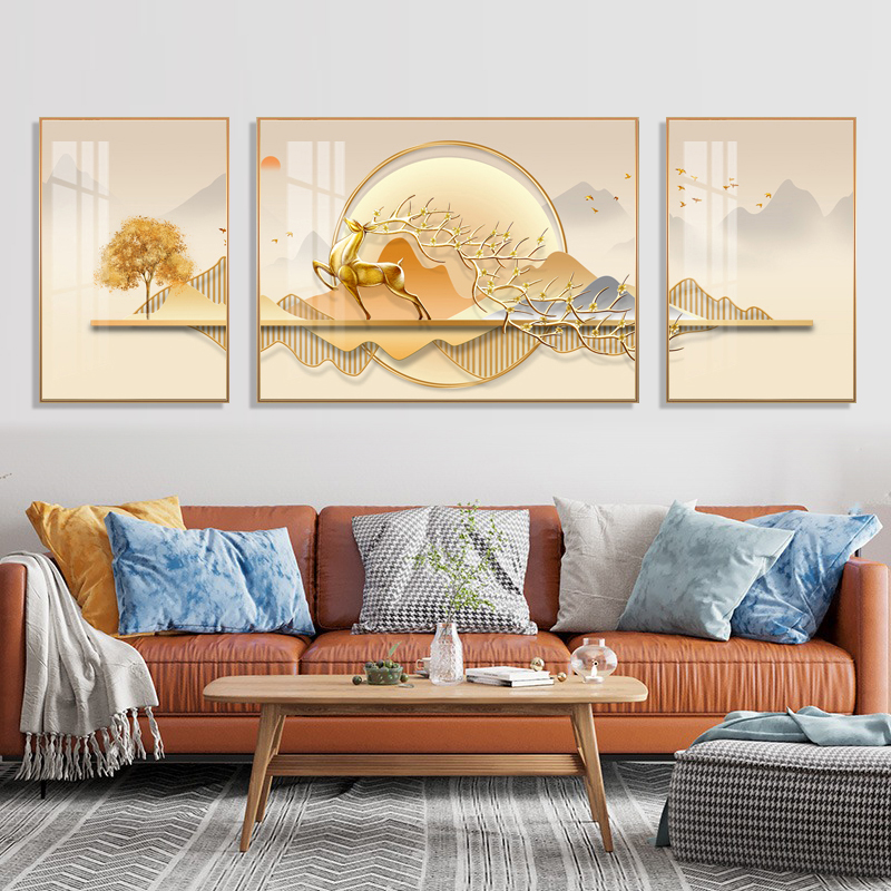 现代简约客厅沙发背景墙挂画装饰画抽象北欧轻奢壁画三联福鹿壁画图片