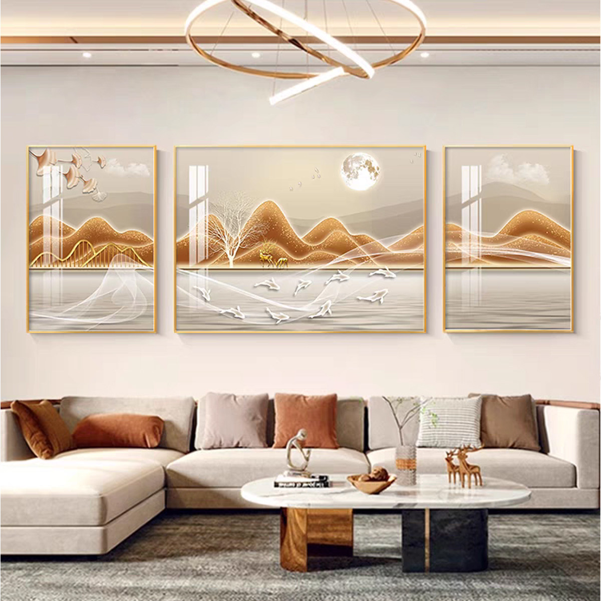 现代轻奢客厅装饰画背有靠山沙发背景墙挂画大气高级感山水三联画