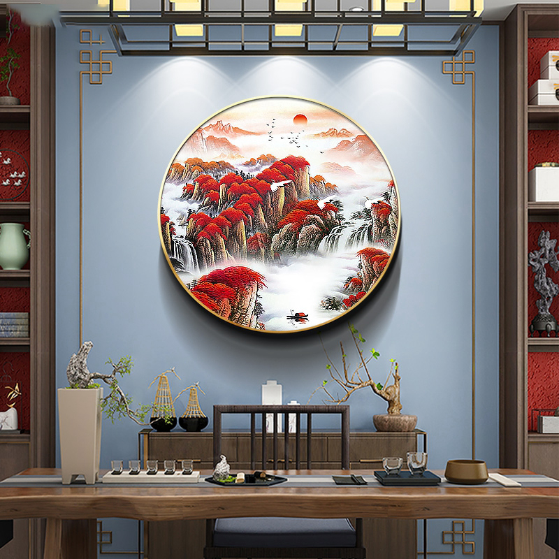 新中式圆形装饰画山水禅意玄关挂画走廊过道书房餐厅壁画鸿运当头图片