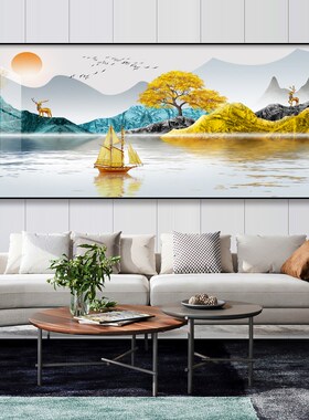 客厅装饰画大气山水画横版新中式沙发背景墙画挂画轻奢晶瓷画壁画