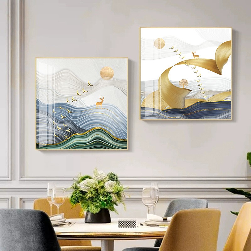 现代轻奢餐厅装饰画现代简约挂画客厅沙发背景墙画正方形麋鹿壁画图片