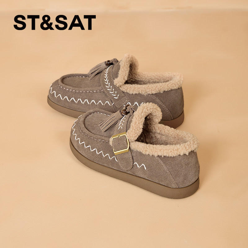 星期六豆豆鞋流苏真皮加绒保暖厚底保暖复古潮2025冬季新款勃肯鞋