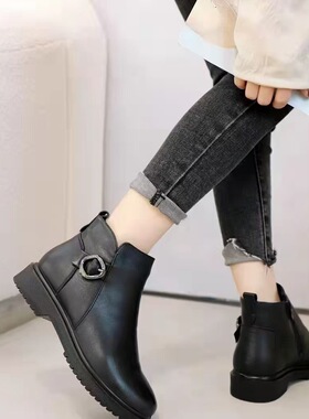 冰洁女靴2024冬季款短靴真皮低跟粗跟妈妈加绒侧拉链棉靴05161-L