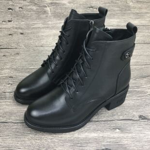 冰洁女鞋2024冬季女靴真皮中跟粗跟中筒靴加绒马丁侧拉链棉靴40码