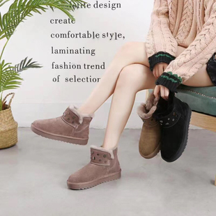 凤飞飞女鞋2024冬季新款短筒靴真皮磨砂皮加绒棉靴圆头雪地靴9911