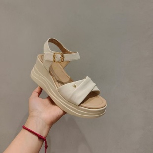 冰洁女鞋2025夏季款凉鞋真皮厚底坡跟露趾一字扣带休闲鞋25S-7219