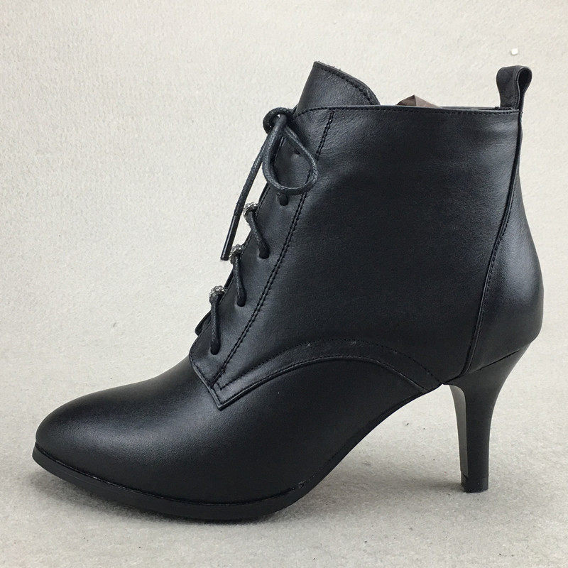 凤飞飞女靴2024冬款真皮高跟细跟短筒靴加绒时装棉靴34码断码特价