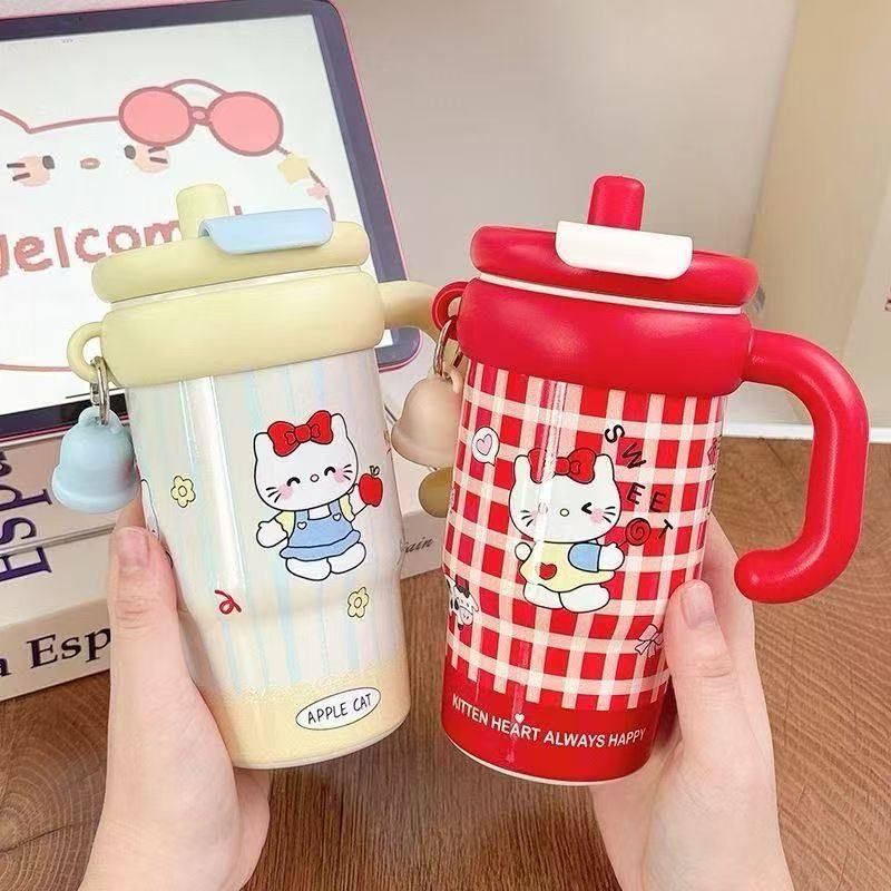 2026新款少女心手柄保温杯600ml学生吸管杯办公室不锈钢保温杯
