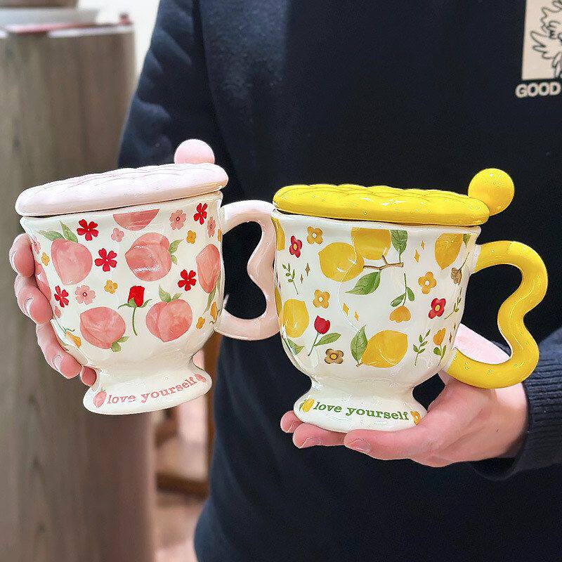 高颜值陶瓷杯子带盖带勺女生可爱水果马克杯办公室咖啡杯生日礼物