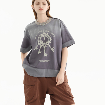 短袖复古做旧喷马骝双衣概念男女