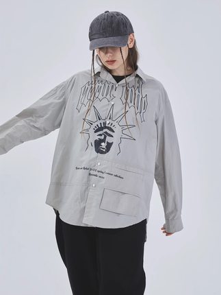 【清仓款】ERRORCODE「自由女神像」薄款衬衣灰素色衬衫长袖夏季