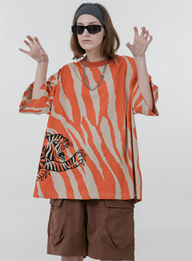 ERROR CODE创意印花短袖橙色虎纹上衣半袖宽松街头圆领T恤情侣夏