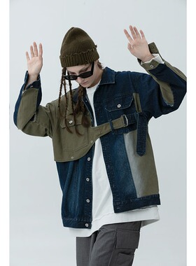 ERROR CODE水洗拼色牛仔外套秋夹克层次感工装宽松休闲潮牌上衣男