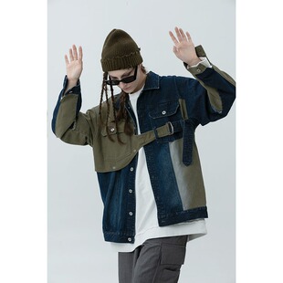 ERROR CODE水洗拼色牛仔外套秋夹克层次感工装宽松休闲潮牌上衣男