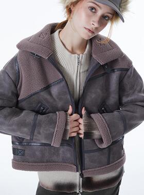 ERRORCODErobot短款灰紫色羊羔毛纹路皮革皮毛一体外套长袖女款