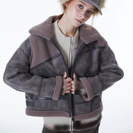 ERRORCODErobot短款灰紫色羊羔毛纹路皮革皮毛一体外套长袖女款