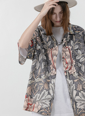 ERROR CODE 血之花短袖衬衫满幅花纹古巴领衬衣夏季休闲复古薄款