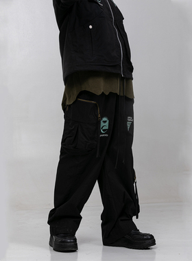 ERROR CODE刺绣工装裤男多口袋休闲街头宽松百搭黑色中腰长裤春秋