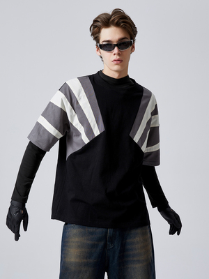 短袖潮几何线条宽松落肩T恤