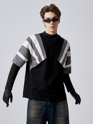 【清仓款】ERRORCODE放射条纹黑色T恤短袖落肩宽松纯棉