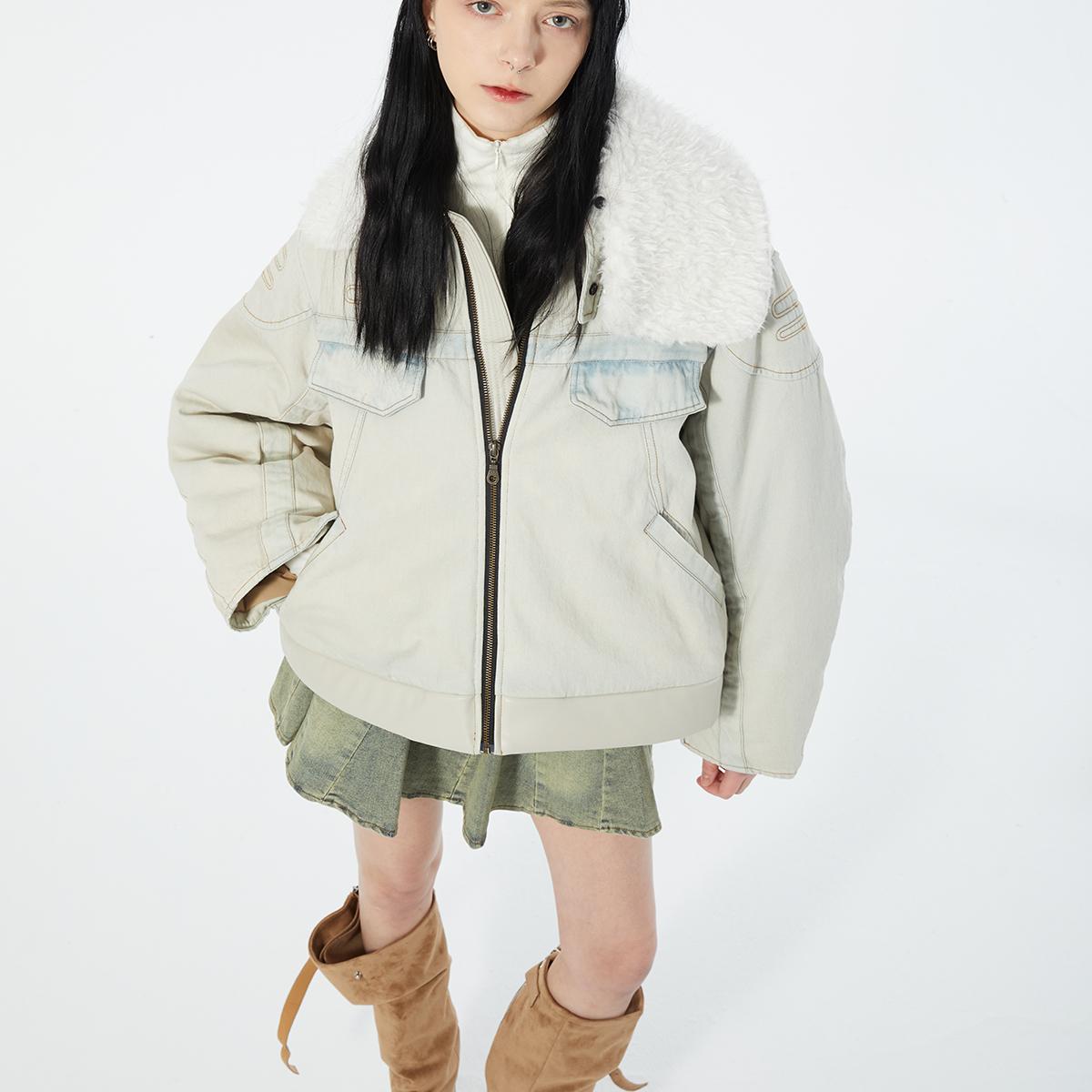 美式复古短款牛仔可拆卸毛领外套