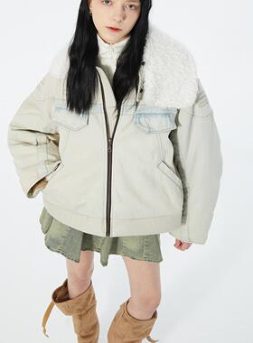 ERRORCODErobot浅色可拆卸毛领机械感牛仔皮革棉服外套