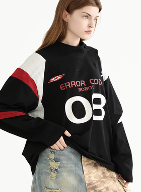 ERRORCODErobot红黑白拼接号码球衣小高领可拆卸长短袖T恤