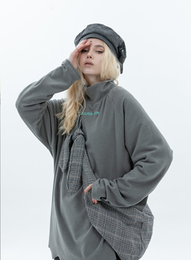 ERROR CODE刺绣打底衫不规则下摆高领插肩袖休闲宽松长袖上衣男女