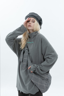 ERROR 不规则下摆高领插肩袖 休闲宽松长袖 上衣男女 CODE刺绣打底衫