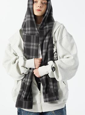 【清仓款】ERRORCODErobot格纹假帽袖燕麦白廓形假两件拉链卫衣