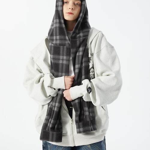 假袖帽街头黑影印花拉链卫衣