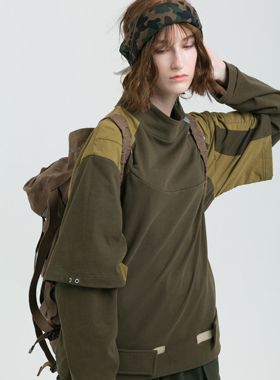 ERROR CODE潮牌多层次复古机能多功能多口袋可拆卸假两层套头T恤