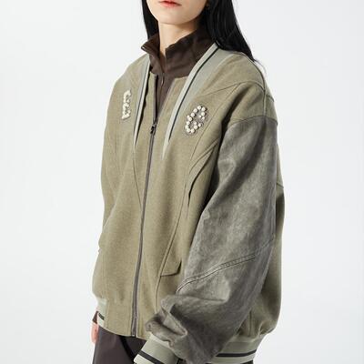 街头毛纺珍珠工艺棒球夹克