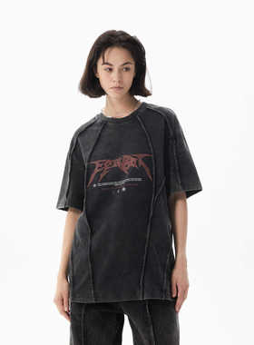 ERRORCODErobot月之暗面蜘蛛条黑色水洗做旧T恤短袖街头美式复古