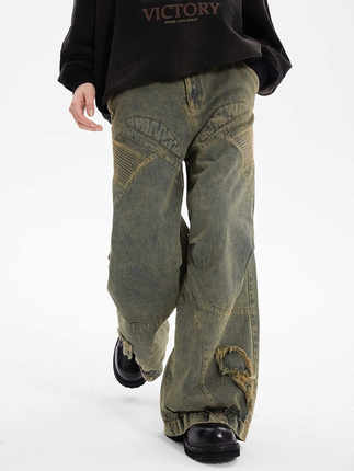 ERRORCODErobot机械感重磅做旧水洗牛仔裤阔腿直筒裤男女宽松美式