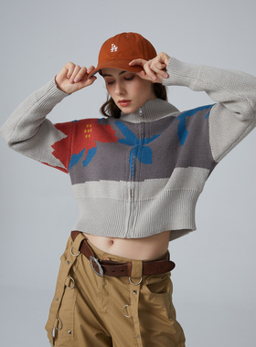 【清仓款】ERRORCODE红蓝撞色植物花朵开衫毛衣修身针织衫短款