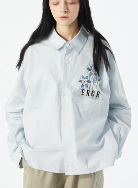 ERRORCODErobot清爽少年感花卉刺绣淡蓝色薄款衬衫衬衣男女同款