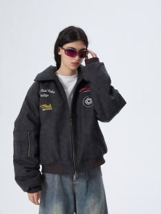 ERRORCODErobot野人绣花翻领机车雾感黑皮质夹克外套赛车服美式