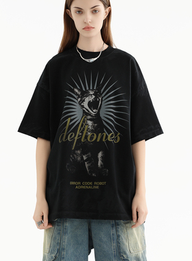 ERRORCODErobot亚声调尖叫猫咪专辑印花黑色泥染做旧短袖T恤