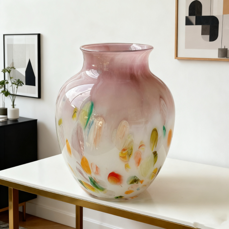 中古风彩色渐变波点琉璃花瓶法式高级感玄关客厅艺术花器玻璃摆件