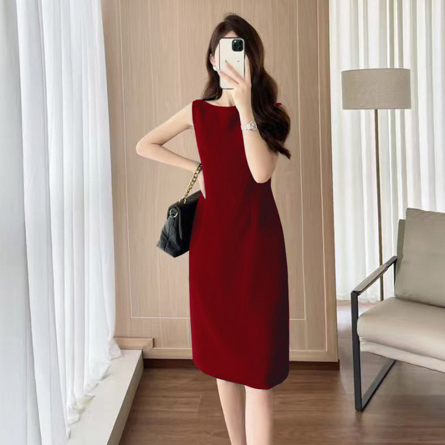 酒红色无袖西装连衣裙高腰包臀显瘦气质职业裙休闲百搭通勤工作裙
