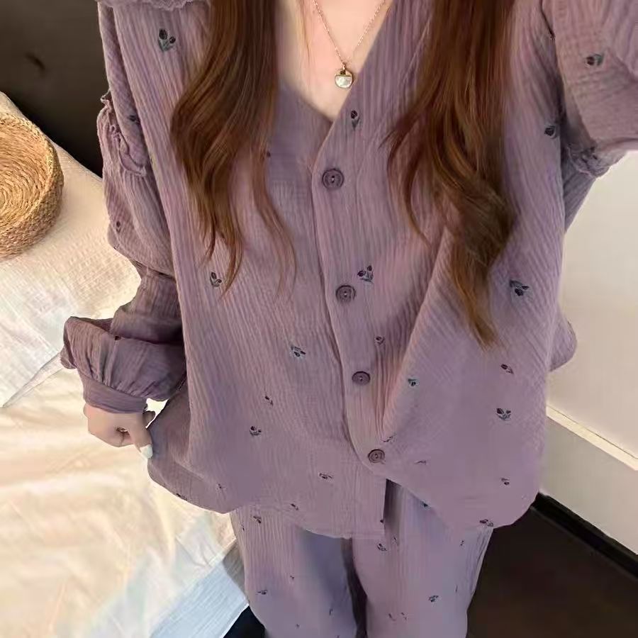 新款简约纯色韩系紫色碎花睡衣女舒适长袖长裤家居服套装外穿学生