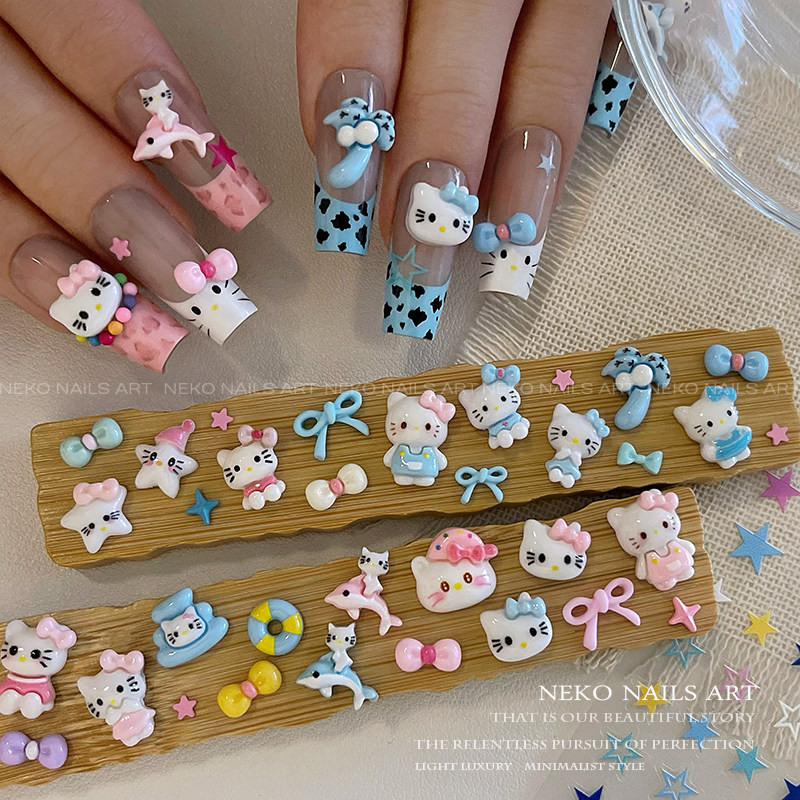 NEKO NK「多巴胺粉蓝kitty 」夏日凯蒂猫 可爱卡通蝴蝶结美甲饰品