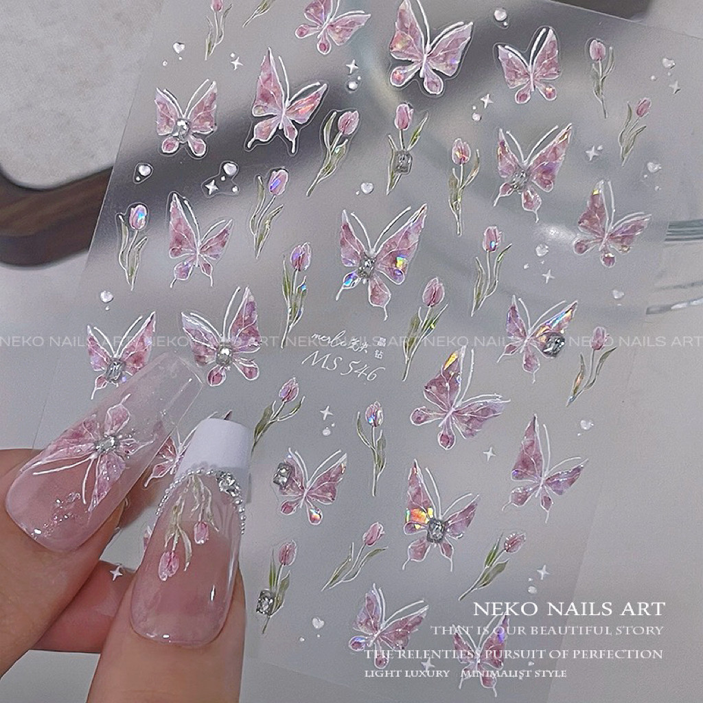 NEKONK幻彩郁金香蝴蝶美甲贴纸