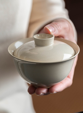 盖碗 二才草木灰家用大容量150粗陶泡茶碗复古陶瓷功夫茶具盖茶杯