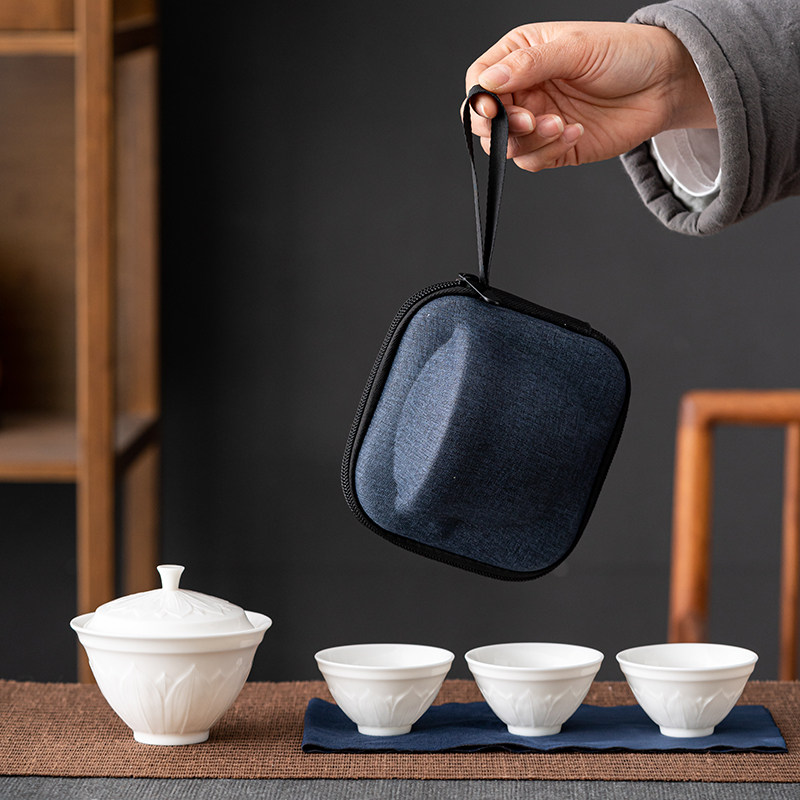 清仓羊脂玉便携旅行茶具套装玻璃一壶三杯浮雕禅意莲花盖碗快客杯